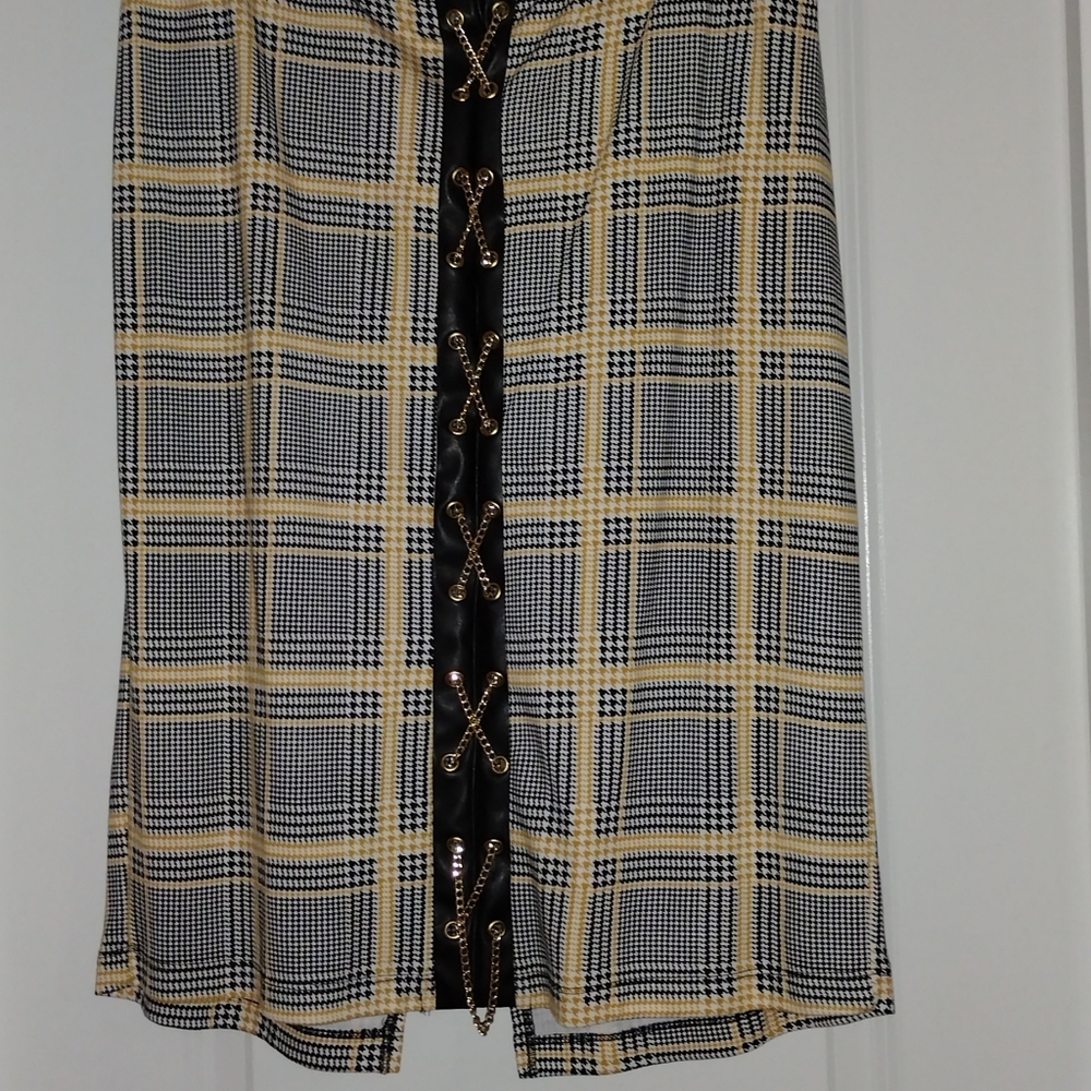 Plaid Lace-Up Leather Trim Women's Skirt